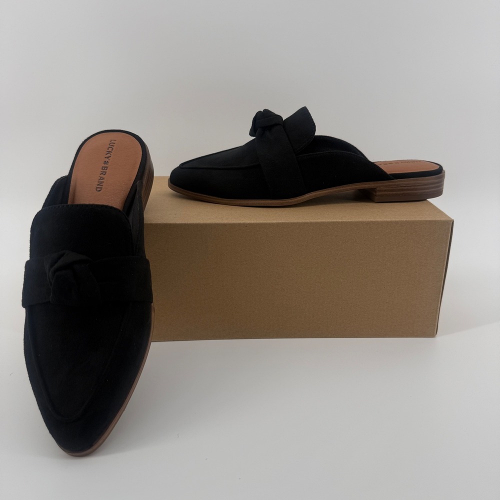 Lucky Brand Alusia Black Faux Suede Knotted Pointed Toe Mules Flats 7.5M